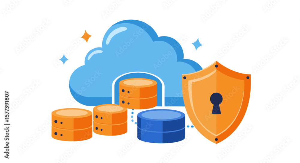 Poster cloud data security concept with servers and shield lock icon