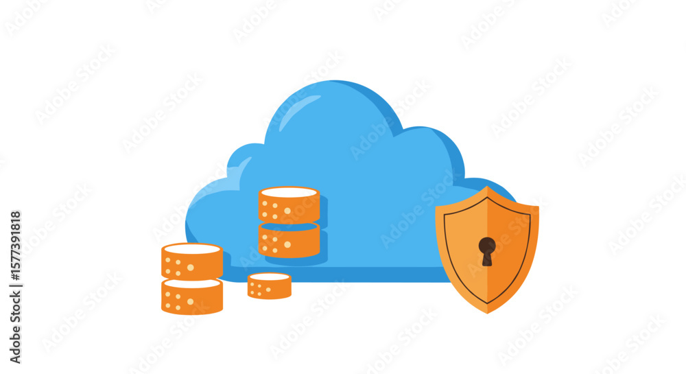 Poster cloud data protection with shield and coins illustrating secure storage concept