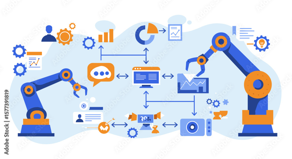 Poster industrial automation workflow with robotic arms and data charts in flat design