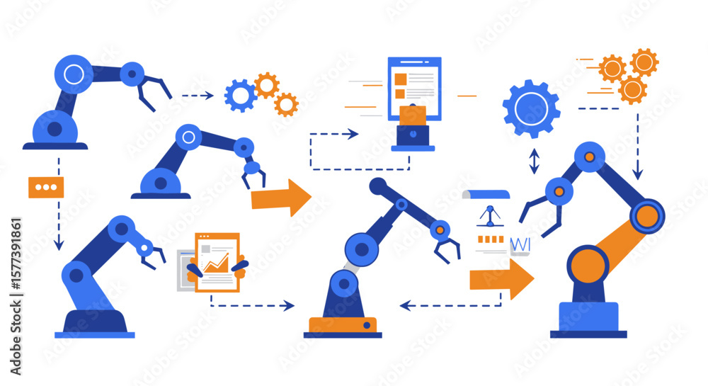 Poster robotics automation process with industrial robot arms and gear diagrams