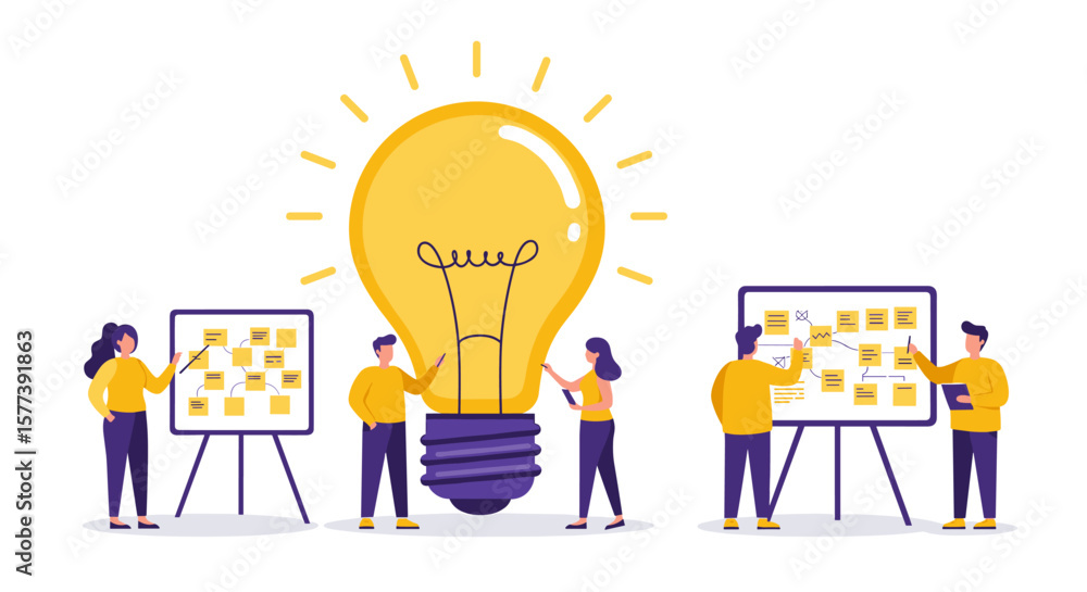 Poster creative brainstorming session with team collaborating around giant light bulb