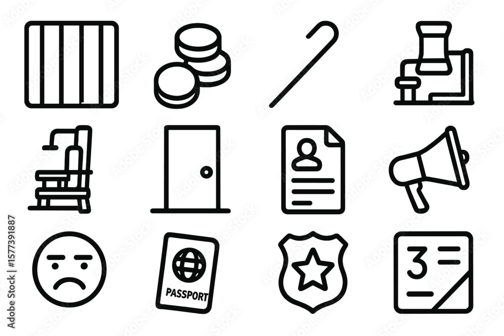 Poster black outline icon set on textured dark background with various objects