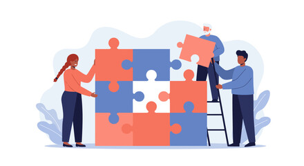 Teamwork and collaboration concept with diverse people assembling puzzle pieces