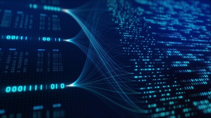 Neural Network Big Data Flow Visualization, Binary Code Matrix, AI Machine Learning Abstract Background, Quantum Computing, Cyber Security, Futuristic Technology Artificial Intelligence Digital Grid