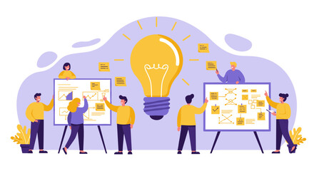 Innovative team collaboration with lightbulb concept for creative ideas and problem solving