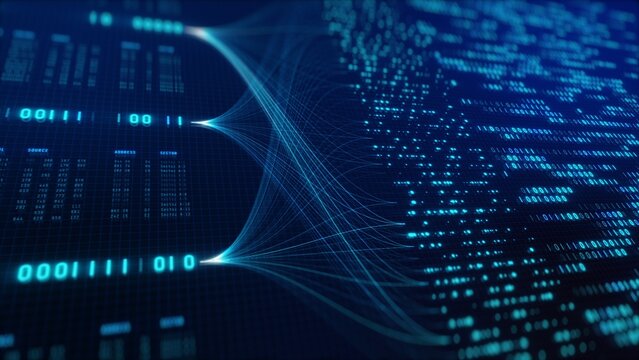 Neural Network Big Data Flow Visualization, Binary Code Matrix, AI Machine Learning Abstract Background, Quantum Computing, Cyber Security, Futuristic Technology Artificial Intelligence Digital Grid