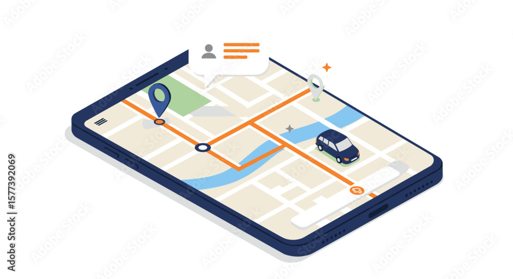 Poster interactive map on smartphone with gps navigation icons and route planning