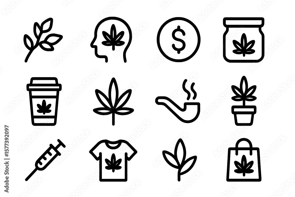 Poster minimal cannabis icons set featuring line style elements for modern use