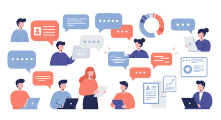 Business team discussion with speech bubbles and collaborative charts