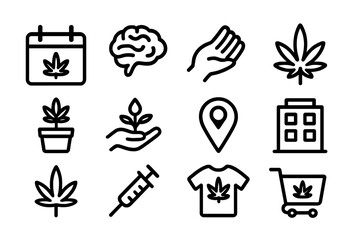Marijuana icon set featuring cannabis leaf in minimalist black line art
