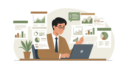 Business analyst in office analyzing data with charts and laptop in flat design