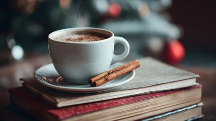 Obraz premium A cup of coffee with cinnamon stick on a saucer resting on a stack of books with christmas decor