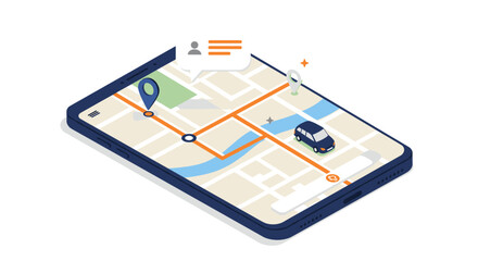 Interactive map on smartphone with gps navigation icons and route planning