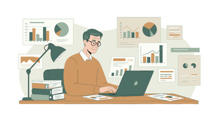 Data analyst working on laptop with business charts in a modern office setting