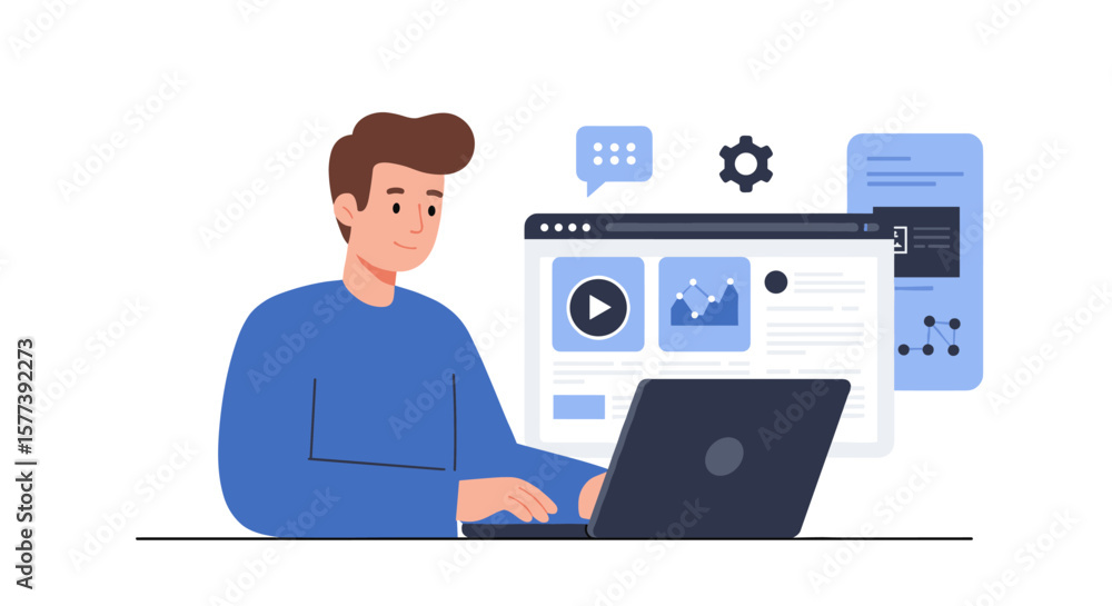 Aufkleber young professional working on laptop with web interface in minimalist style