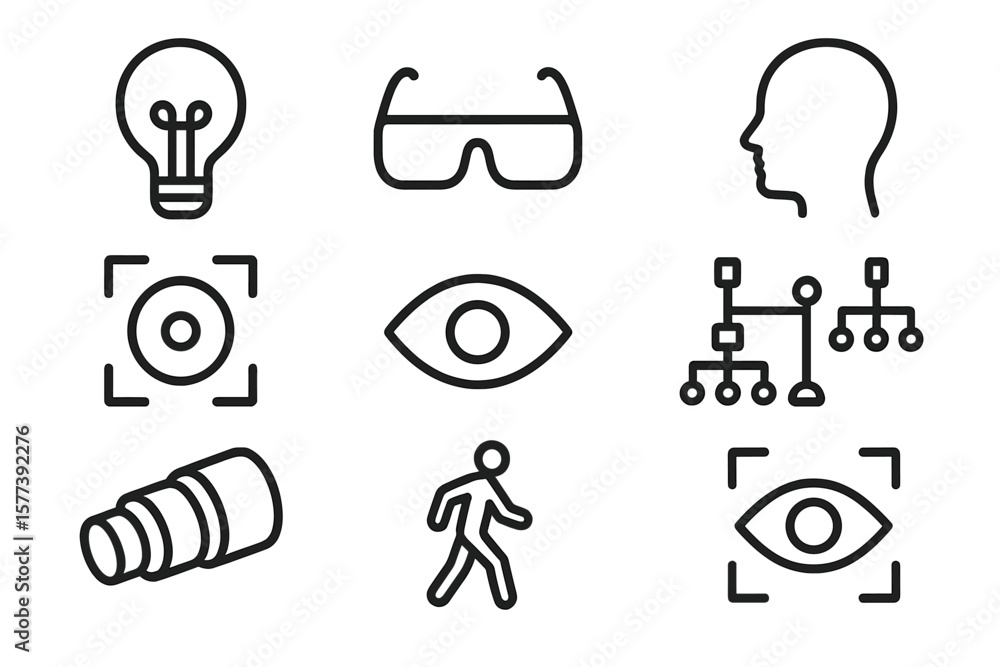 Poster futuristic technology icons in minimal line art style on dark background