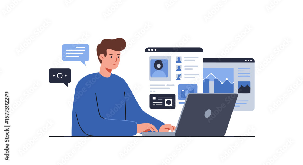 Aufkleber man working on laptop analyzing data with digital interface and graphs