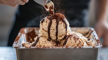 Silky Smooth Tiramisu Gelato with Cocoa Dusting and Drizzle