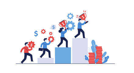 Teamwork and success concept with business people climbing bar chart for achievement