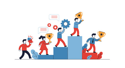Business team reaching success with trophies and collaboration in modern design