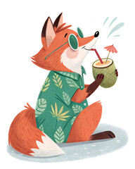 A cartoon fox wearing sunglasses and a hawaiian shirt drinking from a coconut with an umbrella straw