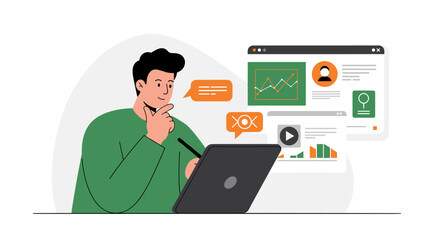 Modern digital analyst working on laptop with data visualization in a minimal style