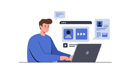 Remote work concept with male professional in flat design engaged in virtual communication
