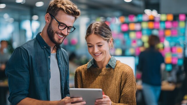 Two smiling colleagues looking at a tablet in an office with colorful sticky notes on the wall behind them
