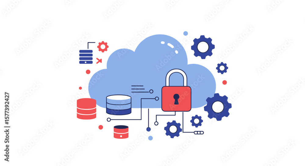 Poster cloud security concept with data storage and protection elements in flat design