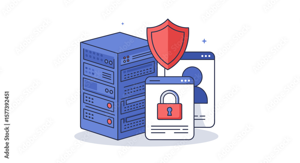 Poster secure data center with shield and lock icons in flat style