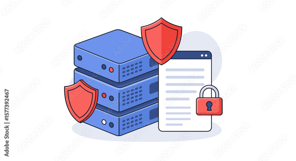 Poster secure data servers with shield and lock icon in a modern flat design