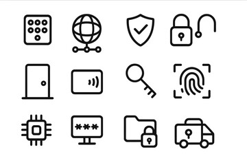 Cyber security icons: lock, shield, password, fingerprint, key, safe communication