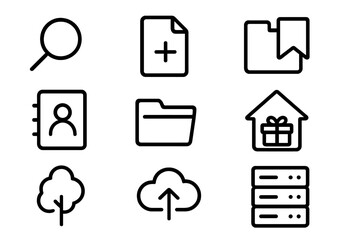 Minimalist black icons set: search, add, bookmark, contact, folder, gift, tree, cloud, database