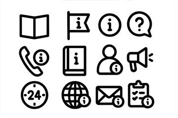 Information and communication icons in black and white silhouette style
