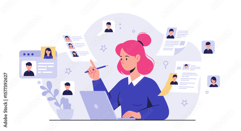 Poster woman using laptop for online networking and workflow management