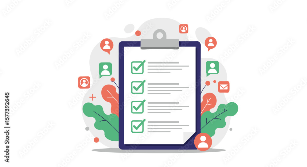 Poster flat style checklist on clipboard with icons and leaves in background