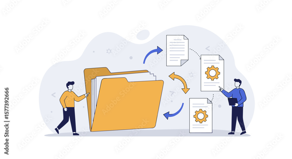 Poster document management concept: team organizing digital files with visualized workflow elements