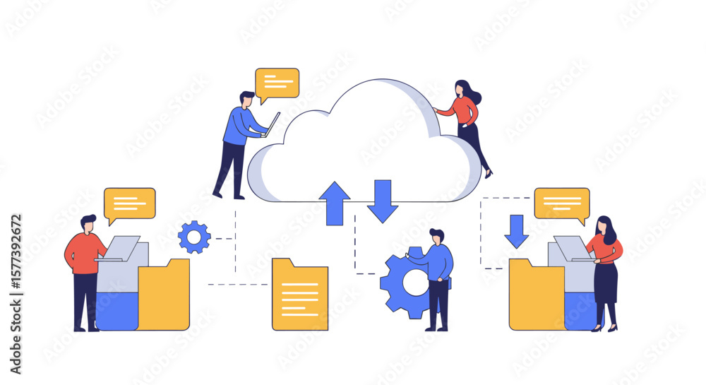 Poster cloud computing concept with team collaboration and file sharing