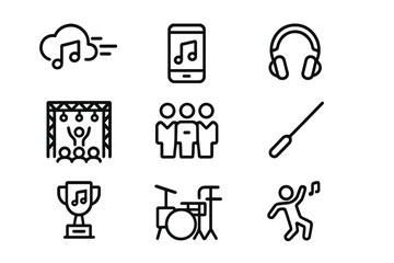 Music icons collection featuring linear music notes, headphones, and instruments on gradient background