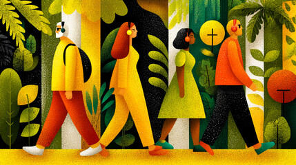 Diverse individuals walk through a vibrant, textured landscape, connected by their shared love for music.