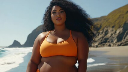 A woman stands on the beach, enjoying the sun and ocean breeze while promoting body positivity and self acceptance at the shoreline