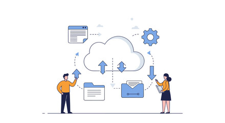 Cloud computing technology with people interacting in flat design