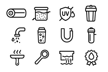 Water filtration icons: uv protection, purification, filtration, and recycling