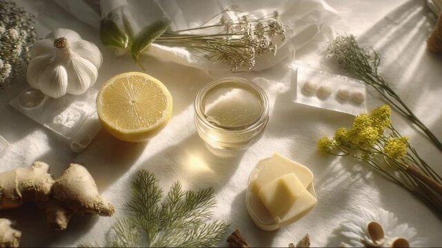 Natural ingredients for herbal remedies on soft fabric background  