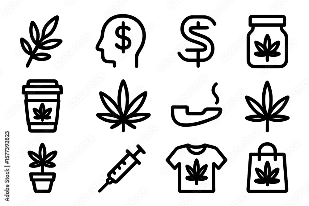Poster marijuana icon set featuring plant, leaf, and related objects in linear style