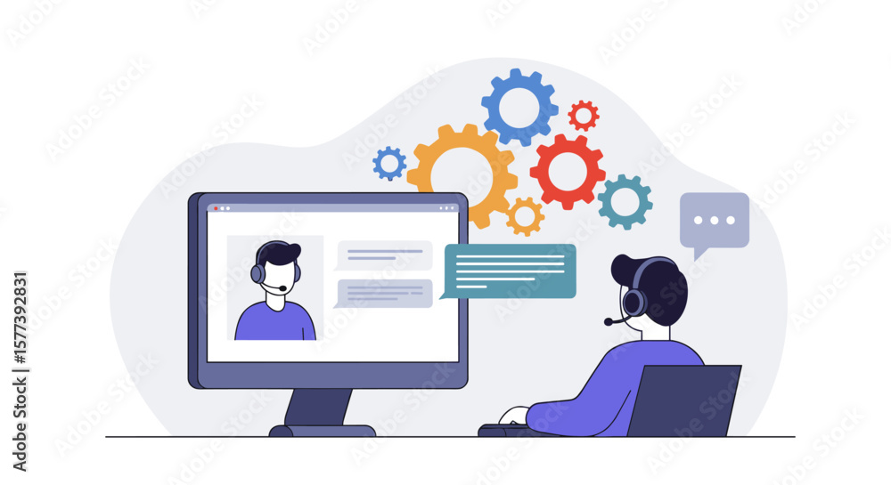 Poster online customer support representative working with headset and computer in modern office