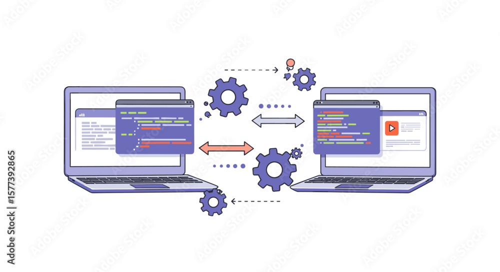 Poster flat design concept of code synchronization between laptops with gears and arrows