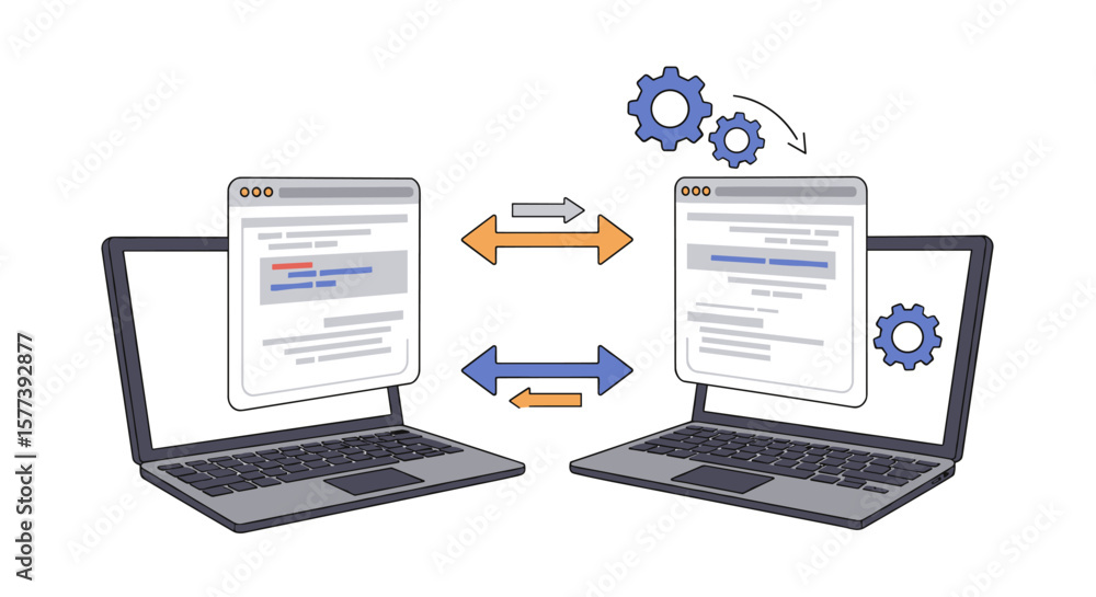 Poster flat style data transfer between laptops with arrows and gears