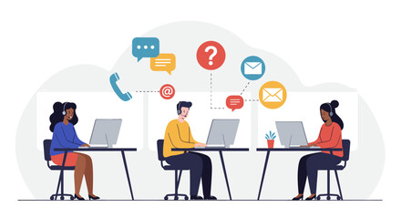 Modern office communication: diverse team in flat design collaborating with digital tools