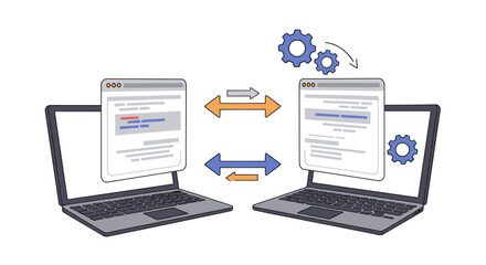 Flat style data transfer between laptops with arrows and gears